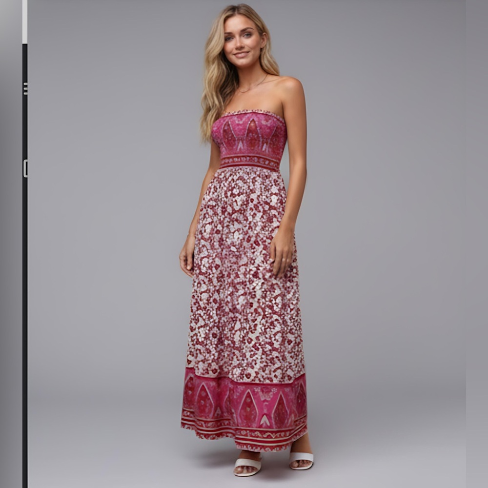 LAST ONE 🔥 Red/Pink  Boho Floral Print Tube Dress - Picture 5 of 10
